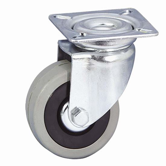 Immagine di RUOTA IN GOMMA GRIGIA, NUCLEO IN POLIPROPILENE C/PARAFILI, SUPPORTO ROTANTE C/ATTACCO A PIASTRA, PORTATA 50 KG, Ø 60 MM