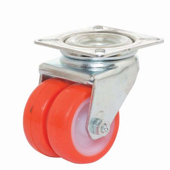 Immagine di RUOTE GEMELLATE IN POLIURETANO INIETTATO, Ø 50X18 MM, PORTATA 140 KG, SUPPORTO ROTANTE PIASTRA PER ALTA PORTATA C/FRENO