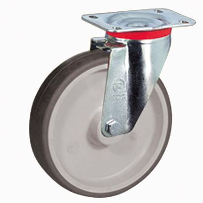 Immagine di RUOTA IN GOMMA TERMOPLASTICA GRIGIA, NUCLEO IN POLIPROPILENE, SUPPORTO ROTANTE PIASTRA, PORTATA 100 KG, Ø 100 MM