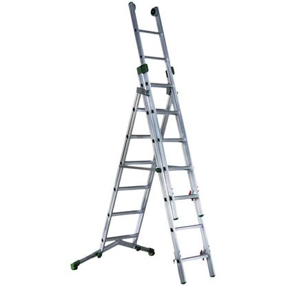 Immagine di SCALA TRASFORMABILE PRIMA, IN ALLUMINIO, GRADINI A ROMBO 30X30 MM, POSIZIONE ZOPPA, 8+9+9 GRADINI, 2,94/6,25 M