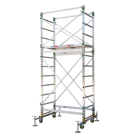 Immagine di TRABATTELLO FACAL ALUMITO, IN ALLUMINIO STRUTTURA 3,40 MT, ALTEZZA LAVORO 4,40 MT, MONTANTI 25X65 MM, GRADINI 30X30 MM