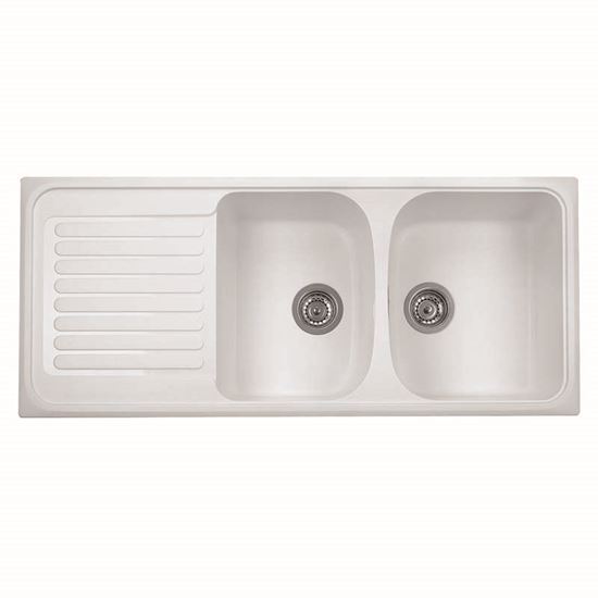 Immagine di LAVELLO HARMONY, 2 VASCHE, CON GOCCIOLATOIO, REVERSIBILE, MATERIALE COMPOSITO ULTRAQUARTZ, 116X50 CM, COLORE BIANCO