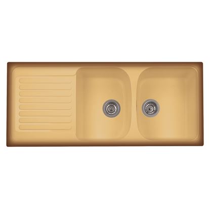 Immagine di LAVELLO HARMONY, 2 VASCHE, C/GOCCIOLATOIO, REVERS., MATERIALE COMPOSITO ULTRAQUARTZ, 116X50 CM, COL.TERRA DI FRANCIA