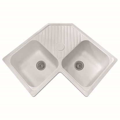 Immagine di LAVELLO ANGOLO ATLANTIC, IN FRAGRANITE, 2 VASCHE, CON GOCCIOLATOIO, 83X50 CM, COLORE BIANCO 