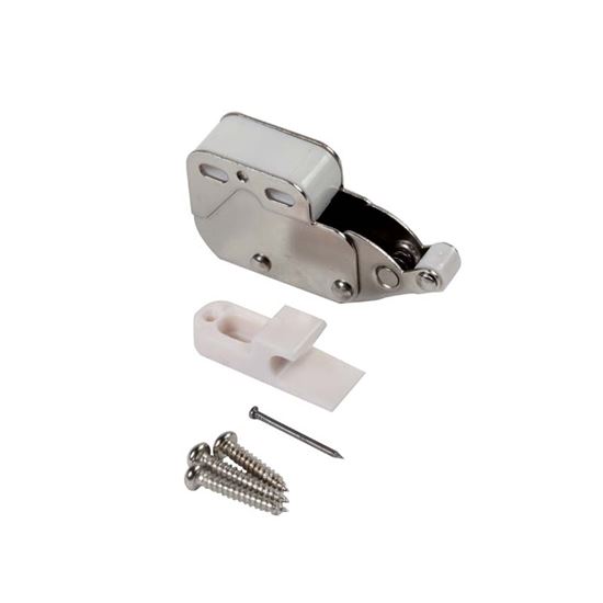 Immagine di 2 CHIUSURE A CRICCHETTO, BLOCCA ANTINE, CON RULLO, COLORE BIANCO/NICHELATO