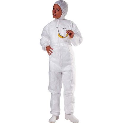 Immagine di TUTA CON CAPPUCCIO, IN POLIPROPILENE NO-TESSUTO, COLORE BIANCO, TAGLIA M