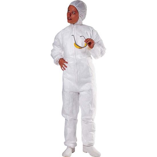 Immagine di TUTA CON CAPPUCCIO, IN POLIPROPILENE NO-TESSUTO, COLORE BIANCO, TAGLIA M