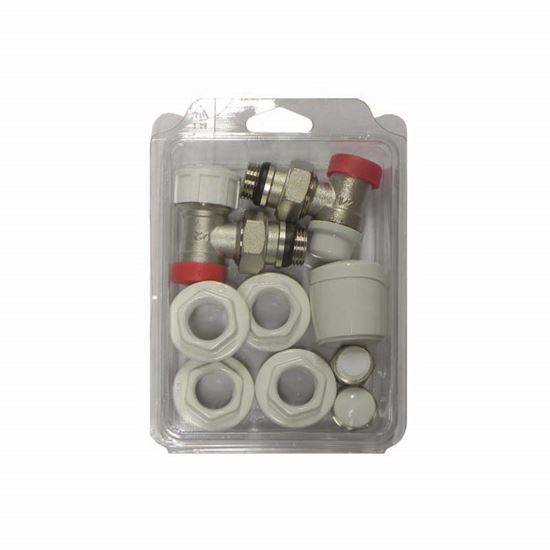 Immagine di KIT SATURN, IVR, VALVOLA/DETENTORE/TAPPI, TERMOSTATIZZABILE, SQUADRO, RAME/MULTISTRATO, 1/2"