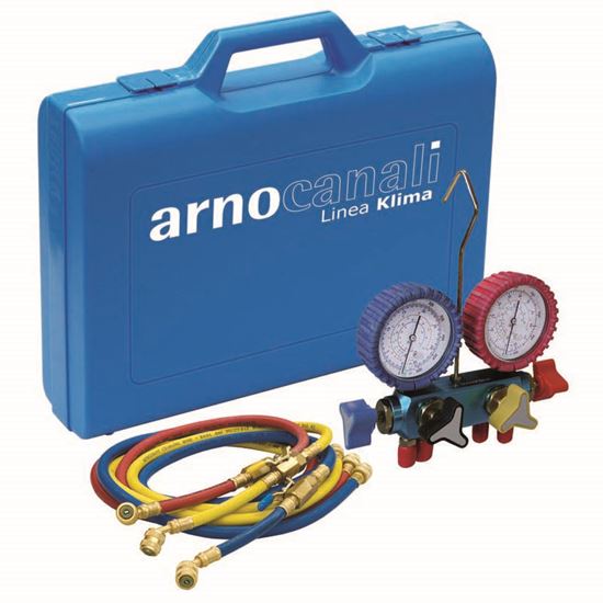 Immagine di KIT GRUPPO MANOMETRICO A 4 VIE, COMPOSTO DA 2 MANOMETRI 100/0 - MBAR PA = X 100, 4 ATTACCHI 5/16" SAE, 3 TUBI FLESSIBILI