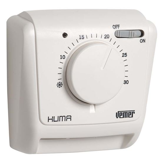Immagine di TERMOSTATO AMBIENTE KLIMA SI, A MEMBRANA GAS, DA PARETE, CON SPIA E INTERRUTTORE, COLORE BIANCO