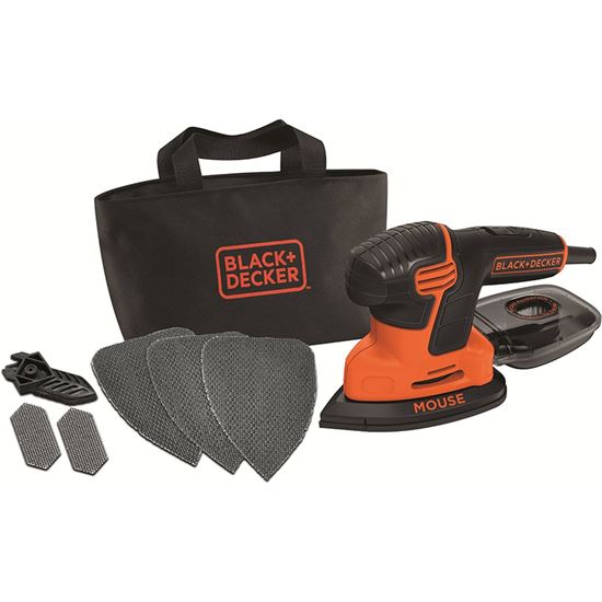 Immagine di LEVIGATRICE ORBITALE MOUSE BLACK & DECKER, 120 W, OSCILLAZIONI 28.000 MIN, 5 FOGLI CARTA ABRASIVA, BORSA MORBIDA