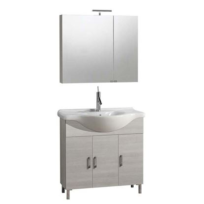 Immagine di COMPOSIZIONE NICO BASE 3 ANTE, LAVABO IN CERAMICA 85X48XH86CM SPECCHIO CONTENITORE 2 ANTE 81X15XH70 CM LUCE A LED LARICE
