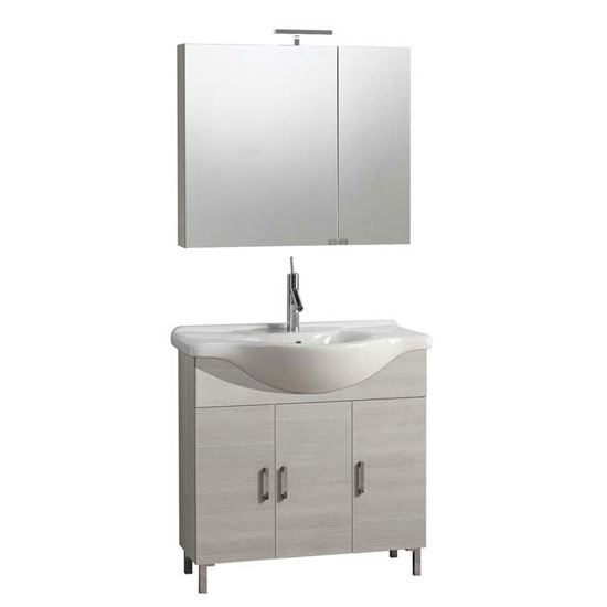 Immagine di COMPOSIZIONE NICO BASE 3 ANTE, LAVABO IN CERAMICA 85X48XH86CM SPECCHIO CONTENITORE 2 ANTE 81X15XH70 CM LUCE A LED LARICE