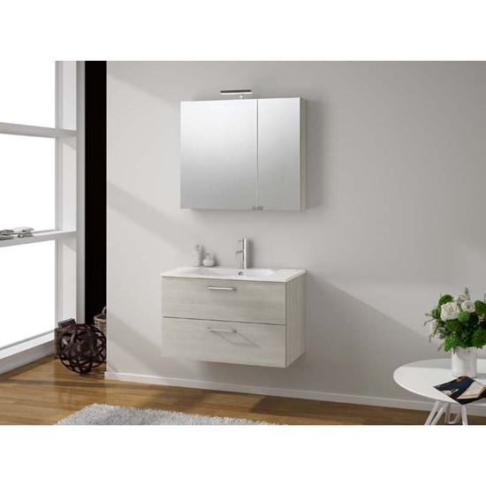 Immagine di BASE SOSPESA NOA, CON LAVABO IN CERAMICA, 2 CASSETTONI, 80X46XH50 CM, COLORE LARICE