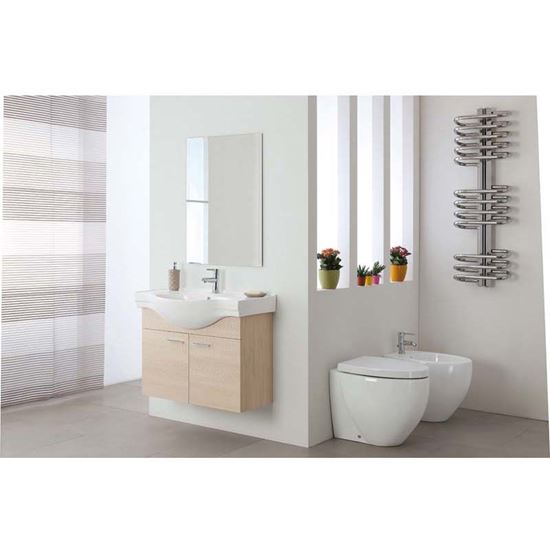 Immagine di COMPOSIZIONE BAGNO LUNA SOSPESO 82,5 CM, CON SPECCHIO, LAVABO IN CERAMICA, 2 ANTE, COLORE LARICE