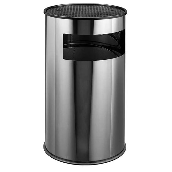 Immagine di POSACENERE GETTACARTE BIG, ACCIAIO  INOX, SECCHIO CON MANIGLIA, POSAC. GRIGLIA IN METALLO NERO, BASE IN PLASTICA, 50 LT
