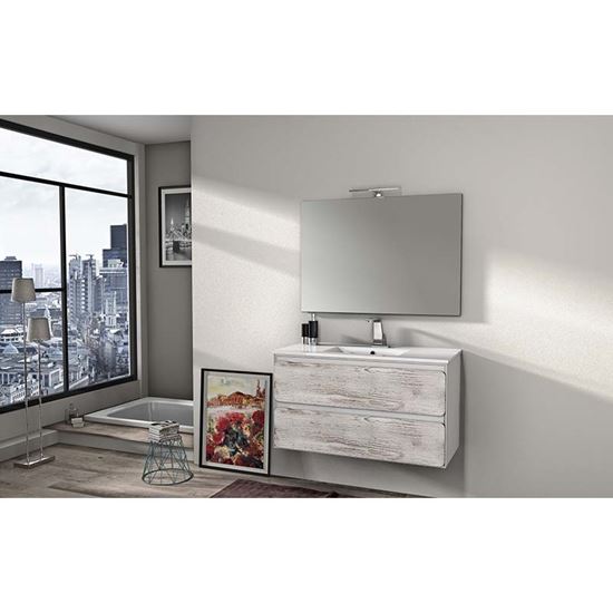 Immagine di MOBILE BAGNO ULTRA 100CM 2 CASSETTI LAVABO CERAMICA SPECCHIO 100X70CM APPLIQUE A LED BIANCO OP FRONTALI PINO SBIANCATO