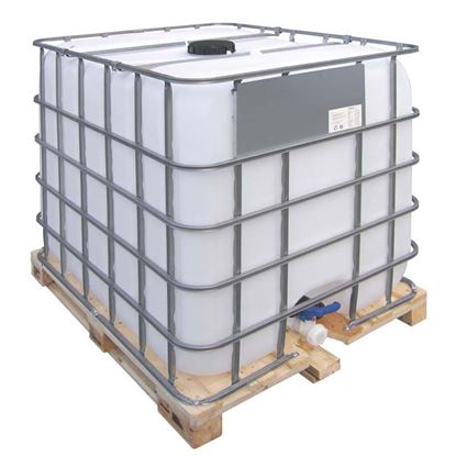 Immagine di CISTERNA IBC, SM6, COPERCHIO SUPERIORE Ø 150 MM, VALVOLA DI SCARICO A FARFALLA, BANCALE IN LEGNO, 1000 LT