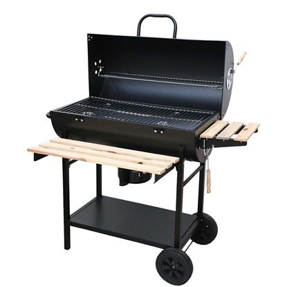 Immagine di BARBECUE RETTANGOLARE, CON COPERCHIO, RIPIANI IN LEGNO, 2 GRIGLIE COTTURA - RISCALDO, CON RUOTE, 103X66XH108 CM