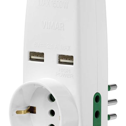 Immagine di ADATTATORE 2 PRESE, 2P+T 10A, PRESA SCHUKO + 2 USB 2,1A, COLORE BIANCO
