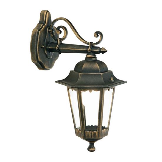 Immagine di APPLIQUE ESAGONALE MERLET, VERSIONE IN BASSO, DIFFUSORE IN VETRO TRASPARENTE, IP43, E27-60 W, COLORE NERO ORO