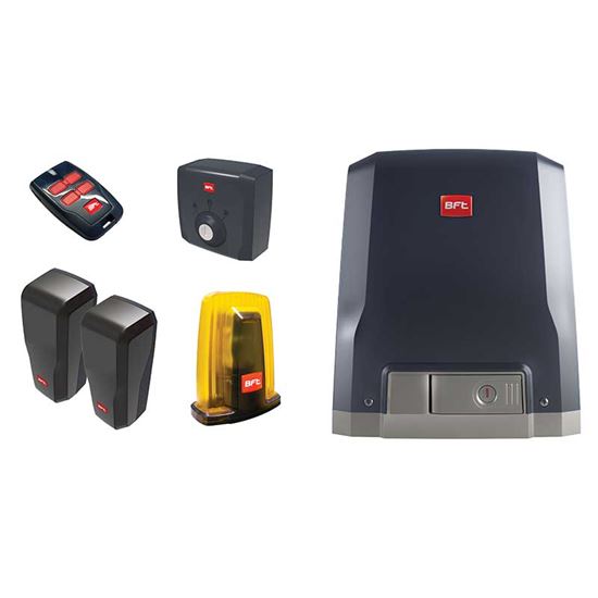 Immagine di KIT AUTOMAZIONE CANCELLO AD ANTA SCORREVOLE DEIMOS BT A400, MOTORE 24 V, COMPLETO DI MOTORIDUTTORE FINO A 400 KG, SCHEDA ELETTRONICA, PIASTRA DI FISSAGGIO, FINECORSA, COPPIA FOTOCELLULE, LAMPEGGIANTE, SELETTORE A CHIAVE, TELECOMANDO
