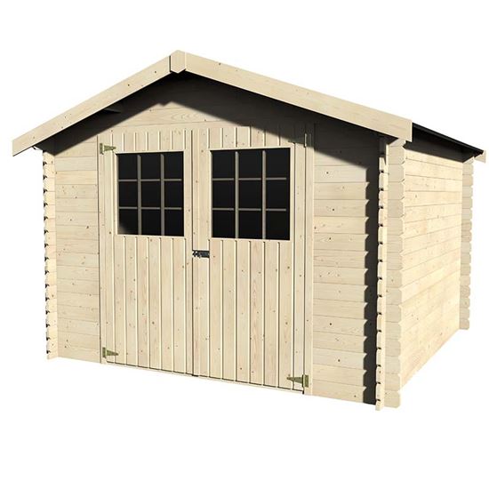 Immagine di CASETTA IN LEGNO TRENTO 317X313XH233 CM, A PERLINE AD INCASTRO IN LEGNO ABETE DEL NORD, SPESSORE 28 MM, PAVIMENTO CON LISTONI IN LEGNO DI ABETE, PORTA DOPPIA FISSATE SU CARDINI, VETRO SINTETICO, TETTO IN OSB