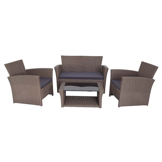 Immagine di SET DOMINICA, IN ACCIAIO E POLYRATTAN MARRONE SCURO, COMPOSTO DA: 2 POLTRONE 73X76XH80 CM, DIVANO 2 POSTI 126X76XH80 CM, TAVOLINO 86X50XH36 CM CON VETRO TEMPERATO SPESSORE 5 MM, CUSCINI COLORE GRIGIO SCURO