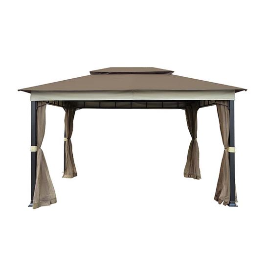 Immagine di GAZEBO SIRTE, IN ACCIAIO, 3X4 MT, PALI LATERALI 80X80 MM, PALI SUPERIORI 18X18 MM, TELO SUPERIORE IN POLIESTERE COLORE MARRONE SCURO, CON ZANZARIERE LATERALI, STRUTTURA COLORE NERO