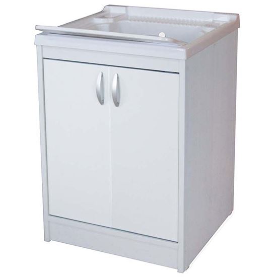Immagine di MOBILE LAVATOIO 2 ANTE, 45X50X84 CM, CON ASSE IN PLASTICA E KIT SIFONE INCLUSO, STRUTTURA IN PVC ESTRUSO, PIEDINO REGOLABILE E MANIGLIA ABS, CROMO, PORTA E FRONTALE BIANCHI A FILO