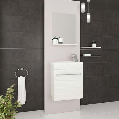 Immagine di MOBILE BAGNO SALVASPAZIO SOSPESO PERLA, 41,5X22,5X106,5 CM, 1 ANTA LAVABO IN CER, SPECCHIO ROVERE BCO