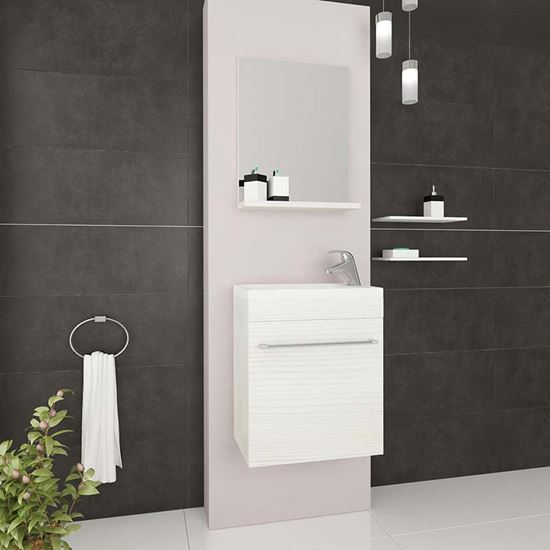 Immagine di MOBILE BAGNO SALVASPAZIO SOSPESO PERLA, 41,5X22,5X106,5 CM, 1 ANTA LAVABO IN CER, SPECCHIO ROVERE BCO