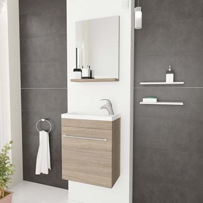 Immagine di MOBILE BAGNO SALVASPAZIO SOSPESO PERLA, 41,5X22,5X106,5 CM, 1 ANTA LAVABO IN CER, SPECCHIO ROVERE FUMO
