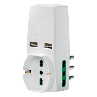 Immagine di ADATTATORE 2 PRESE 16A, PRESA UNIVERSALE, 2 USB 2,1A, COLORE BIANCO