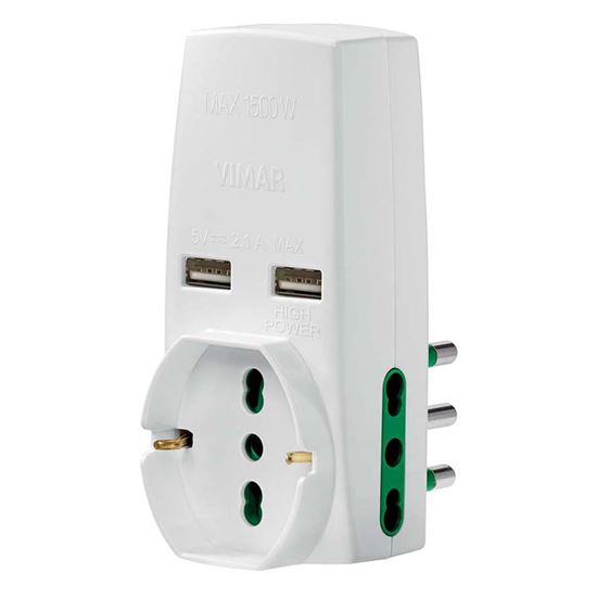 Immagine di ADATTATORE 2 PRESE 16A, PRESA UNIVERSALE, 2 USB 2,1A, COLORE BIANCO