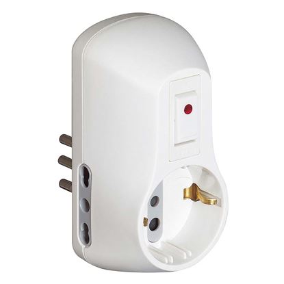 Immagine di ADATTATTORE TRIS, 1 PRESA TEDESCA, 2 PRESE 10A, INTERRUTTORE, COLORE BIANCO